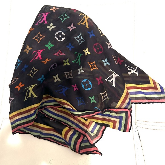 AUTHENTIC Louis Vuitton Marukami Black Rainbow Monogram Silk Scarf - Picture 2 of 8